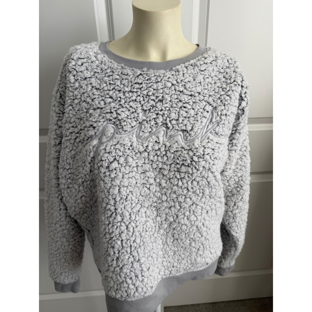 Victorias Secret PINK Sherpa Fleece Sweatshirt Gray Embroidered Logo Pullover
